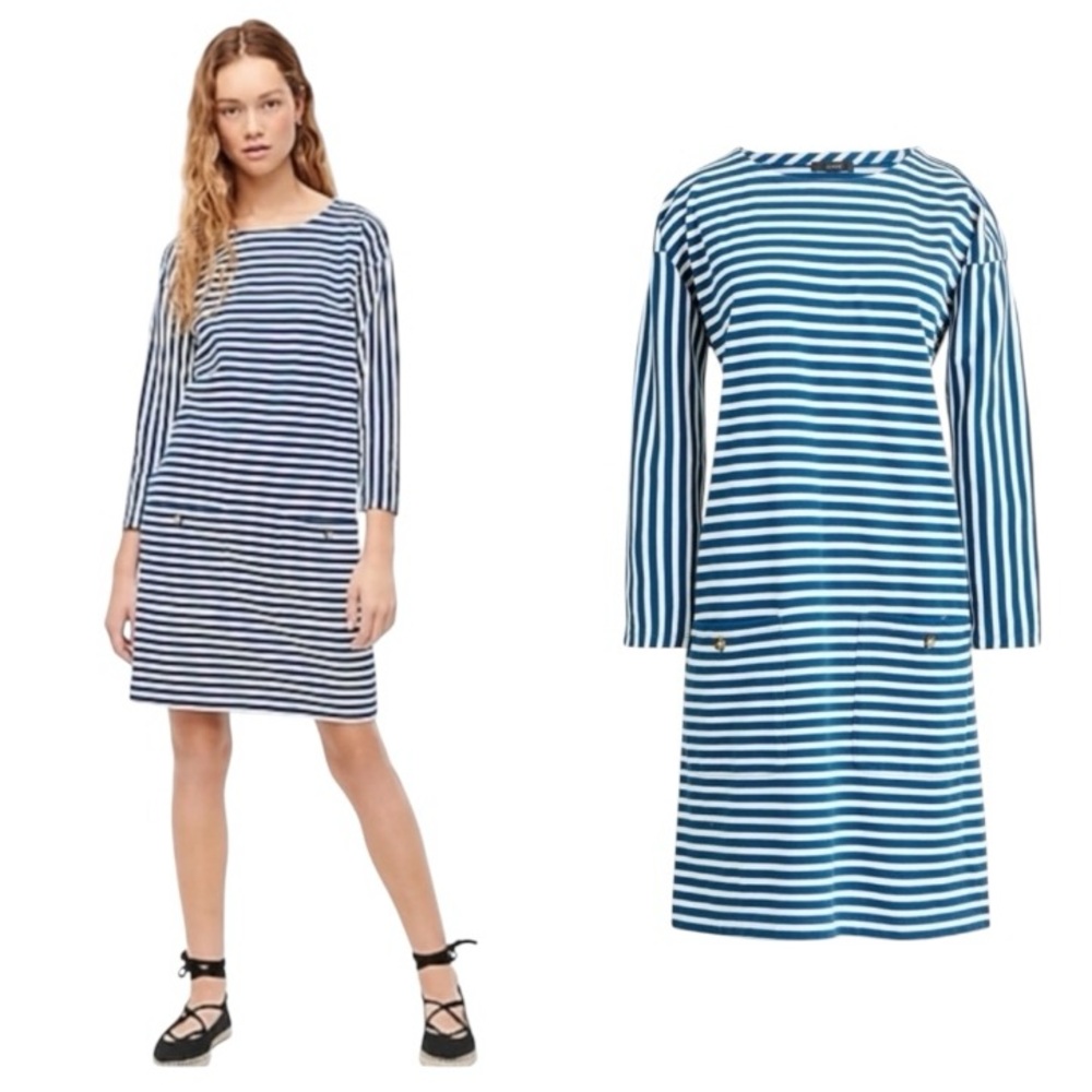 J. Crew Knit Blue White Striped Front Pocket Cotton Knee Length 3/4 Sleeve Dress